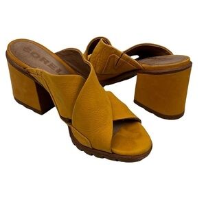 Sorel Golden Yellow Leather Nadia Open Toe Block Heel Sandals Size 6 Women's